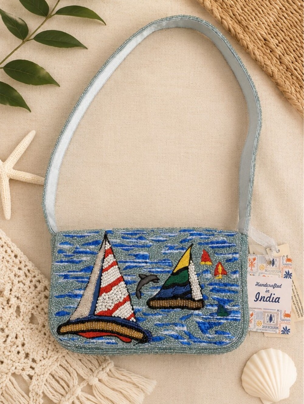 Handcrafted In India Beaded Sailboat Dolphin Anchor Shoulder Bag Blue NEW